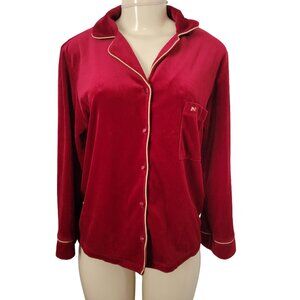 JNY Jones New York Velvety Wine Red w Gold Piping Monogram Pajama Top w Pocket